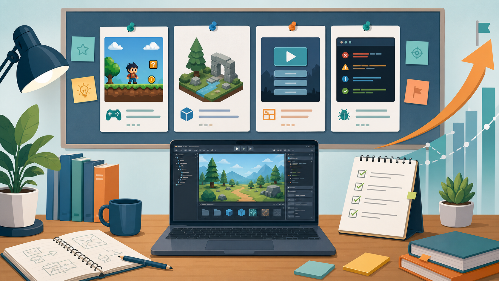 ゲームエンジン学習用ポートフォリオの構成を表したボードとノートPCのイラスト